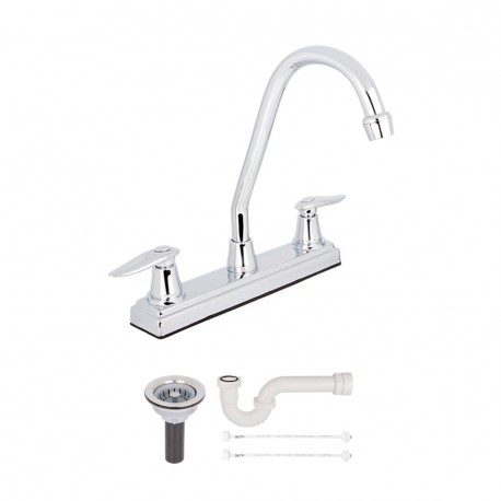Mezclador Lavaplatos Gerfor Slim 8" + canastilla clásica + Sifón en P + 2 acoples flexibles