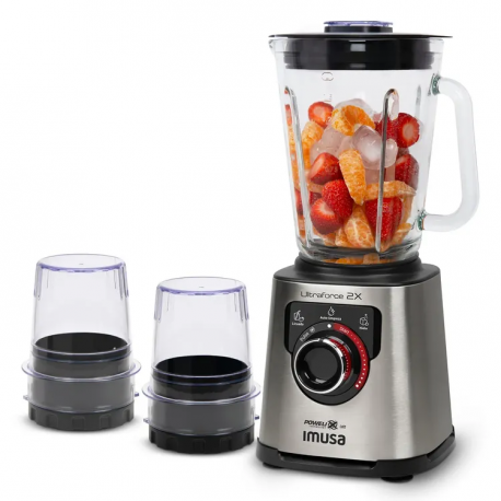 Licuadora Profesional Imusa Ultraforce 2X con Picatodo + Molino Vaso de Vidrio 1100 Watts Plateada