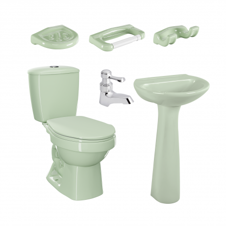 Combo Laguna Corona Balta Verde Claro: sanitario, lavamanos con pedestal, grifería y accesorios