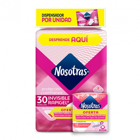 Toallas Higienicas Nosotras Invisible Rapigel X 30 Unidades + 15 Protectores Multiestilo