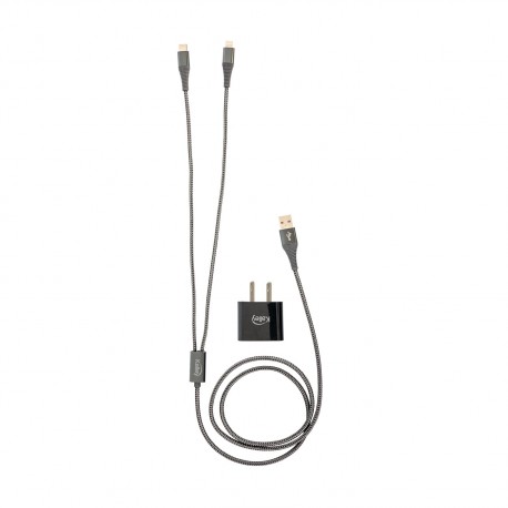 Adaptador|Cargador de Pared Kalley Dual USB + Cable USB a Lightning |USB-C de 1.2 Metros Negro|Gris